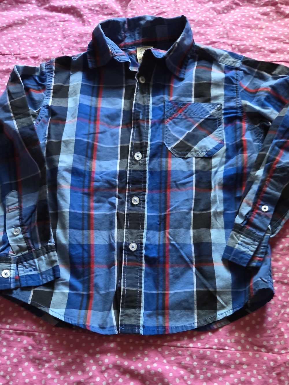 🩵2 For $15🩵Faded Glory Blue Plaid Shirt with Red & Black Stripes Size 8